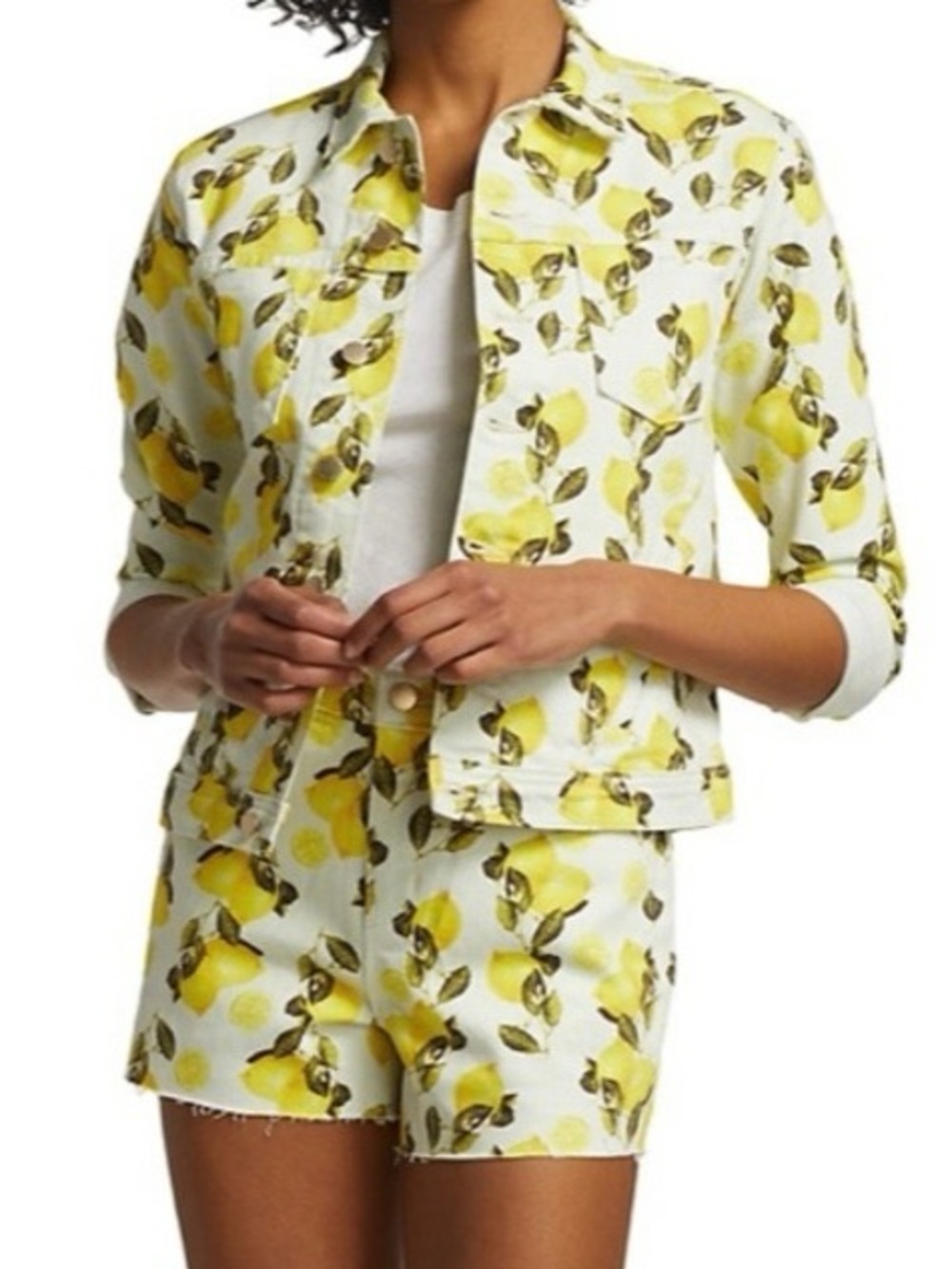 L'AGENCE Celine Lemons Print Yellow White Denim Jean Jacket Size S NWOT